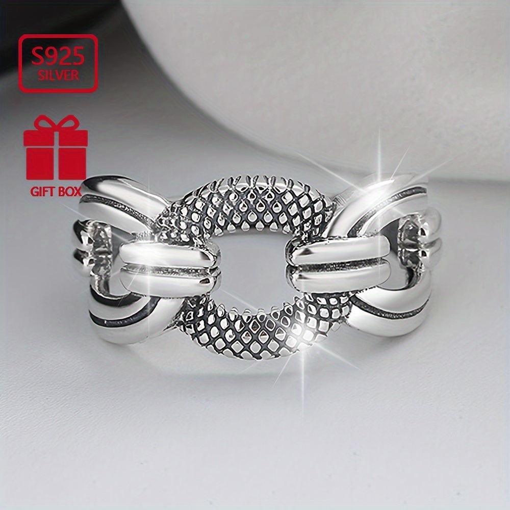 

925 Sterling Silver Geometric Chain Hemp Rope Open Ring Hip Hop Style Adjustable Finger Ring Jewelry Decoration