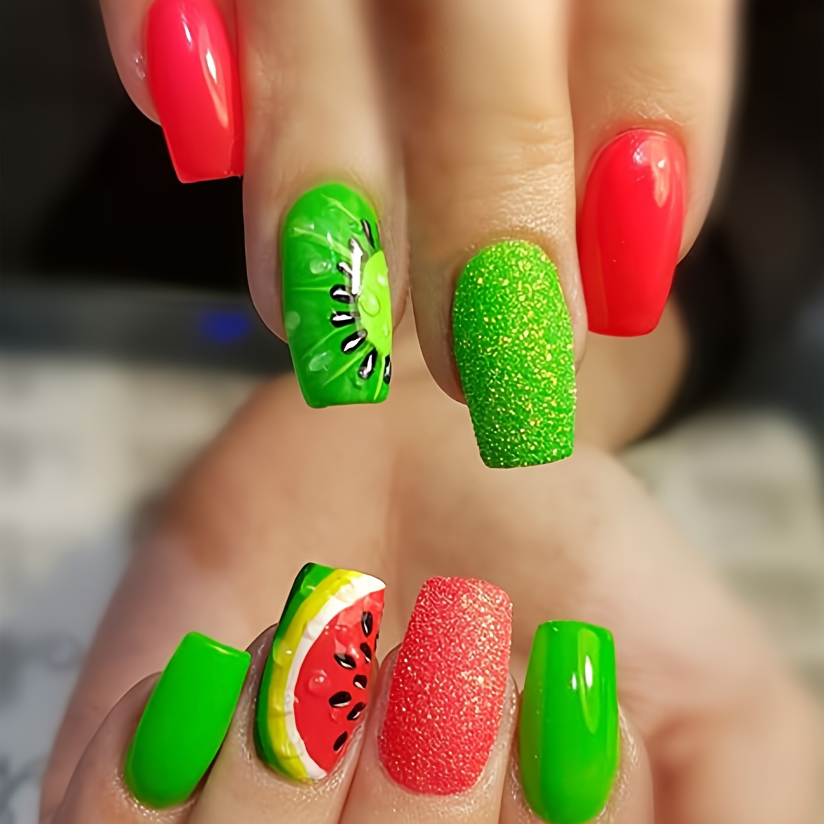 

Medium Square Press On Nails, Summer Watermelon Design Fake Nails,full Cover Glitter False Nails For Women And Girls Including Nail File And Jelly Glue