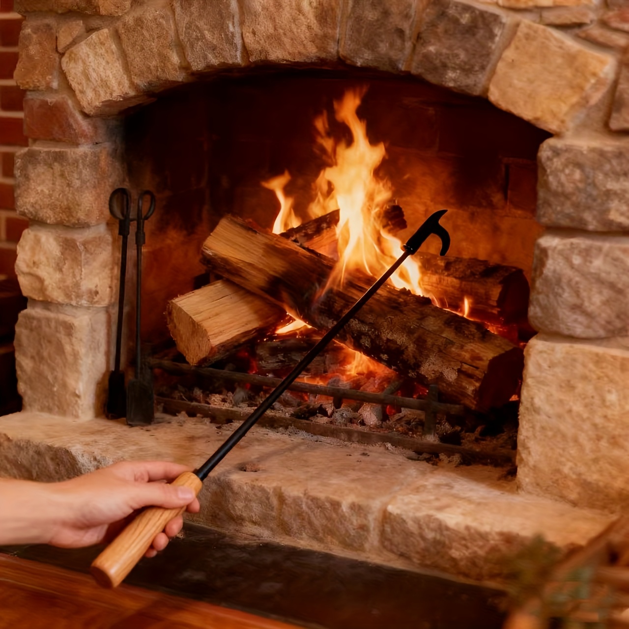TEMU Crochet de cheminée multifonction robuste en fer 32 pouces/82 cm pour intérieur/extérieur - Long manche de coupe-feu, outil de cheminée pour