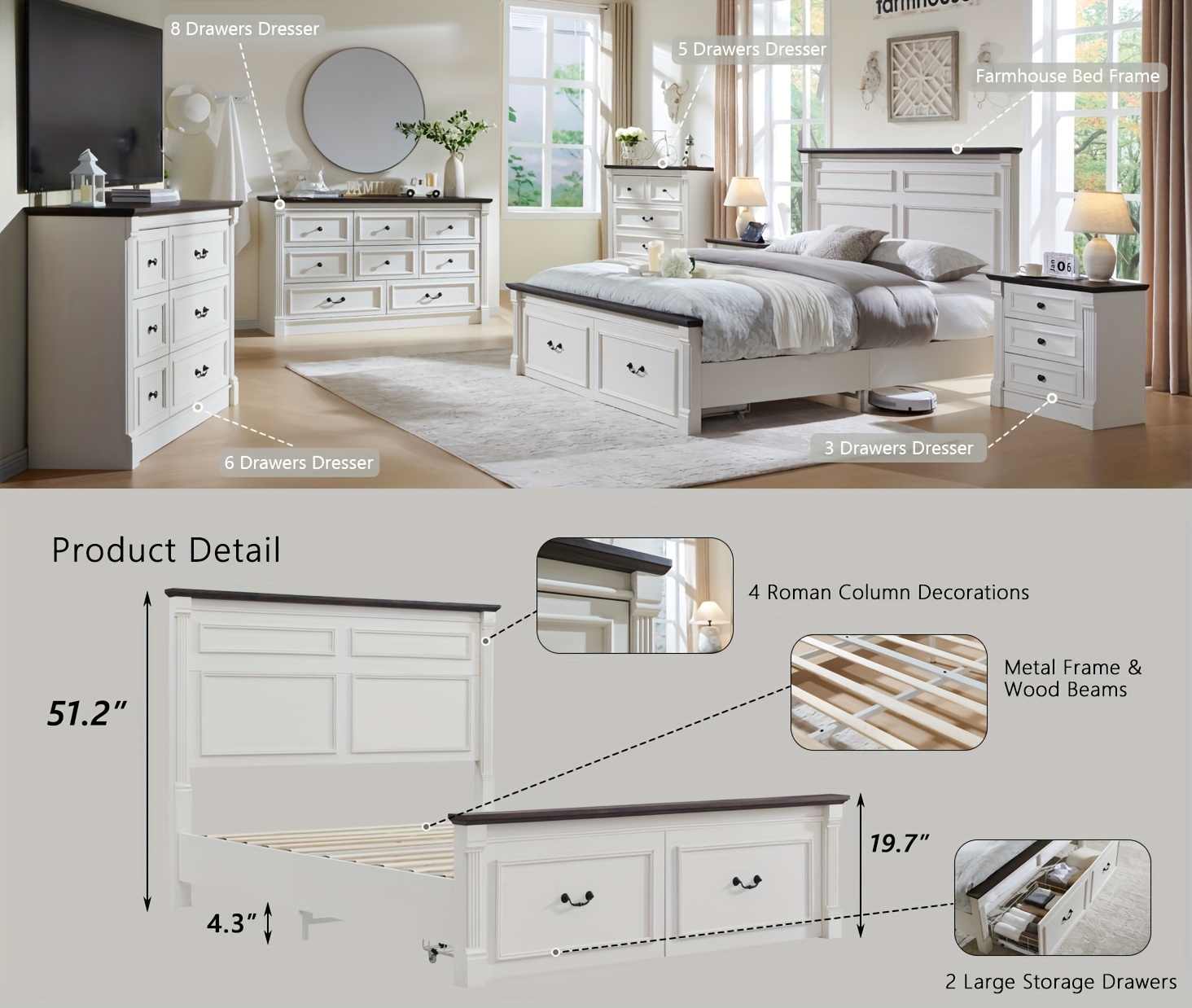 Farmhouse King/ Queen/ Full Size Bed Frame with Tall Headboard, Wood Platform Bed Frame with 20