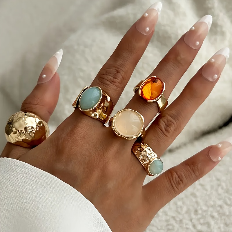 TEMU 5pcs Vintage Set Compatible For Women - Elegant Irregular Geometric Artificial Gemstone Accessories (necklace, Earrings, Bracelet, Ring) For