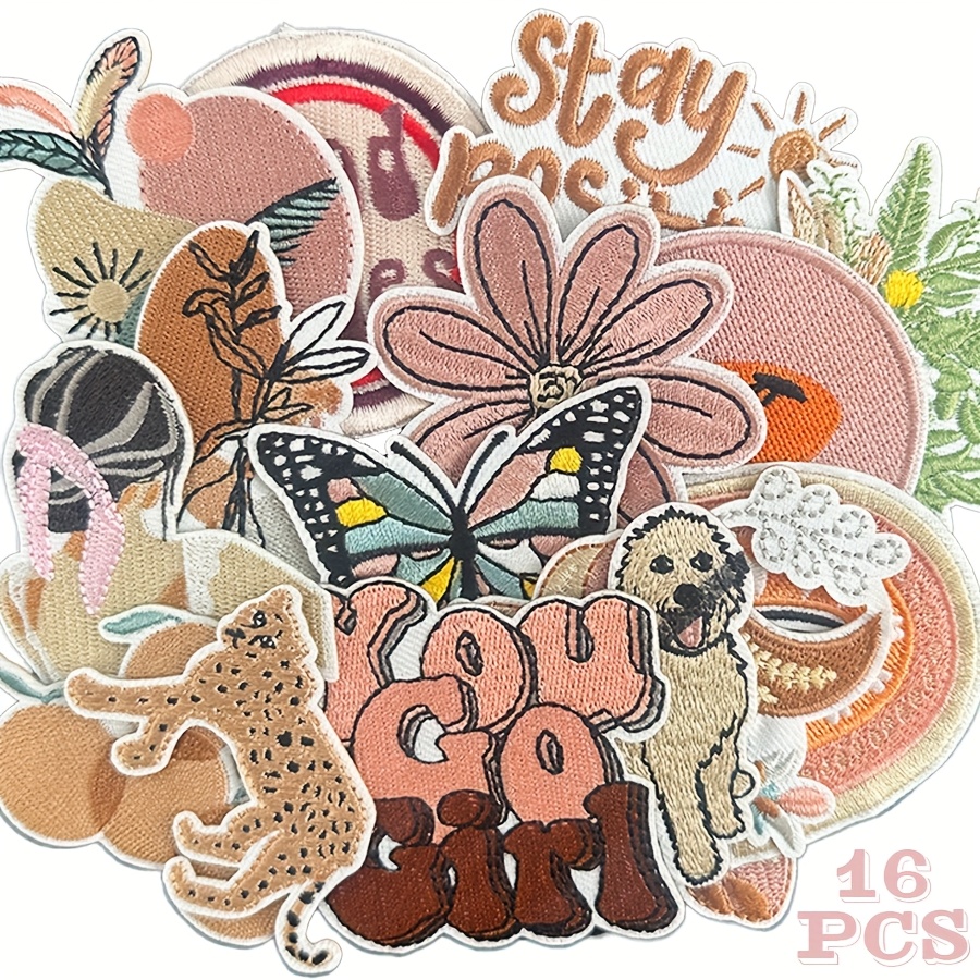 Image of 16pcs Boho Girly Iron On Patches, Cute Embroidery Applique Patch, Diy Decorative Heat Press Patches For Jeans Jackets Clothing Backpacks Hats