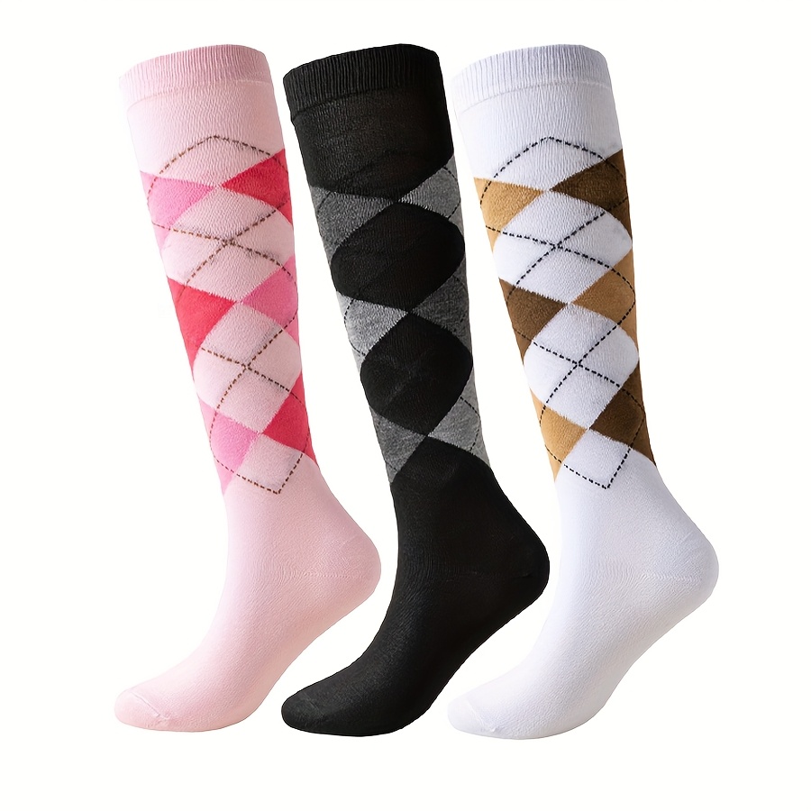 Image of 3 Pairs Of Women's Knee-high Socks With Diamond Patterns, Suitable For Spring And Summer, Perfect For Dance, Stylish For, And Ideal For Everyday Wear