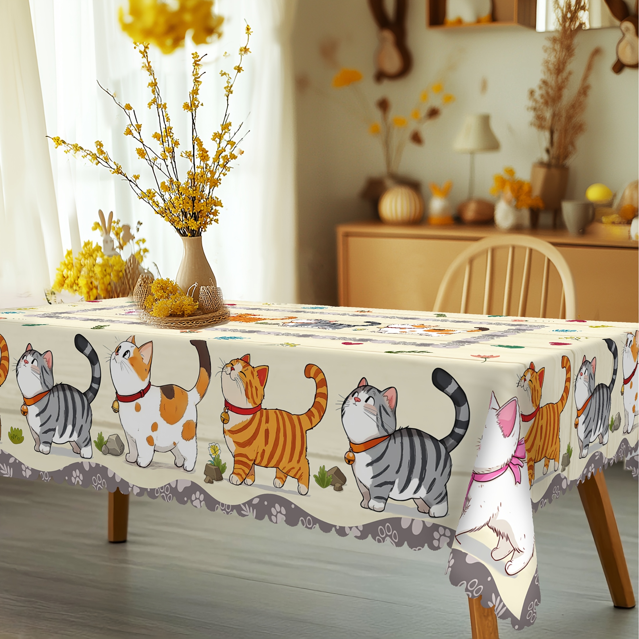 

1pc Nappe en polyester pour chat de dessin - Couverture rectangulaire tissée en machine pour cuisine et extérieur, de chats et bois, pour Pâques, fête de d'anniversaire