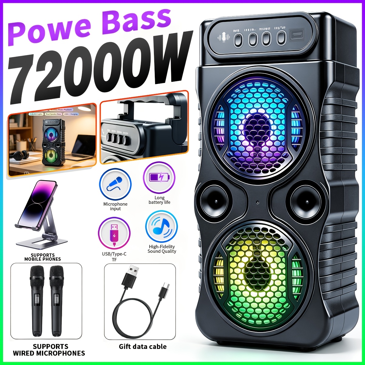 TEMU 7800w Wireless Sound Reinforcement Speaker, Portable Subwoofer , Supporting Colorful Rgb Lighting Effects, Compatible With