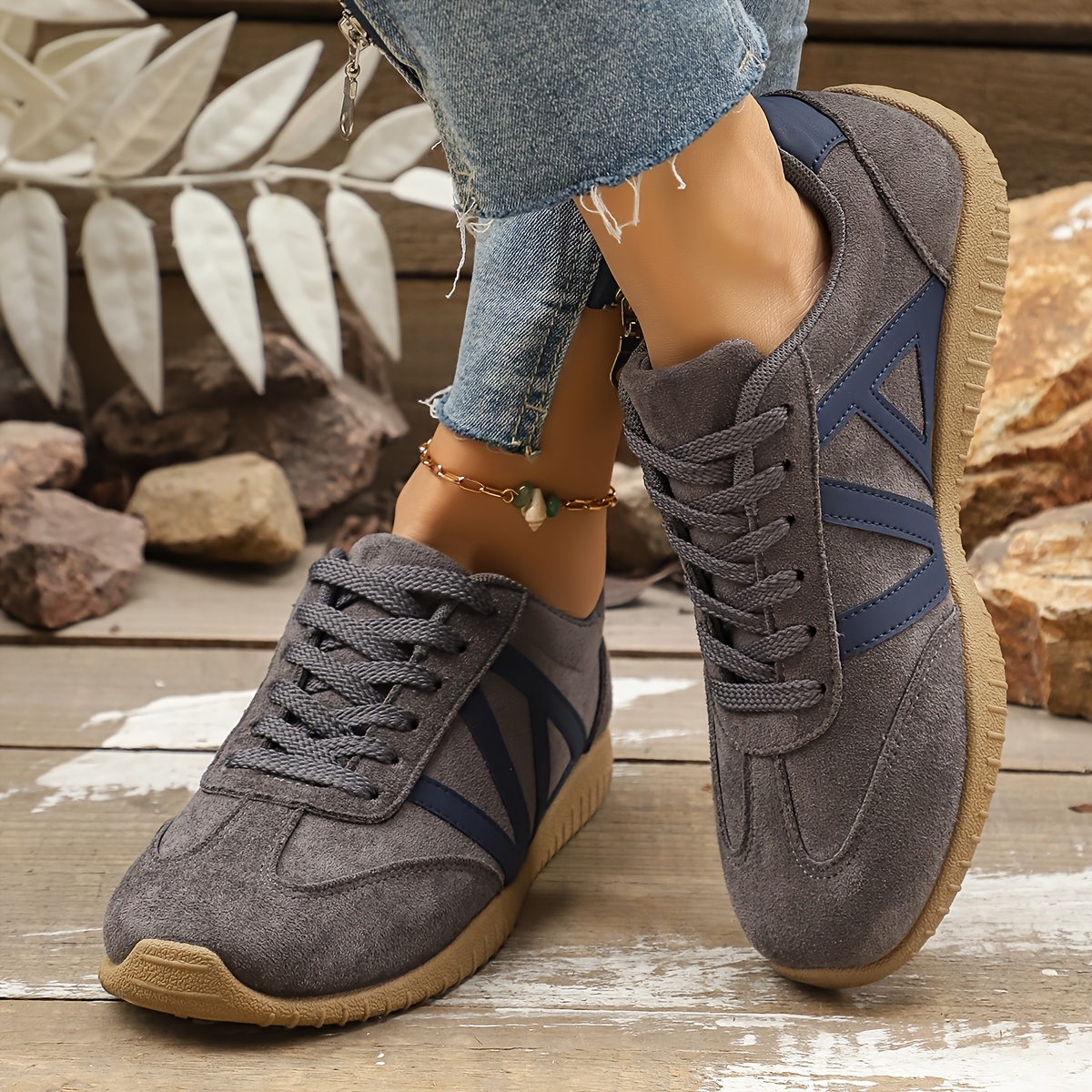 TEMU Gray Blue Color-block German Training Shoes, Retro Low-top Shoes, Women's Casual All-match Flat-soled Sneakers, Women Shoes