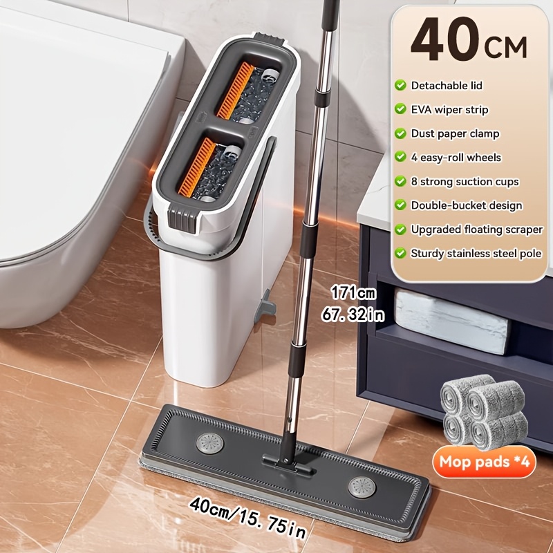 TEMU 40cm/15.74in Flat Mop And Bucket With Set, Wringing Bucket Rotatable Mop Head, 2/4 Microfibre Mop Head Replacement, Wet And Dry Separate , All