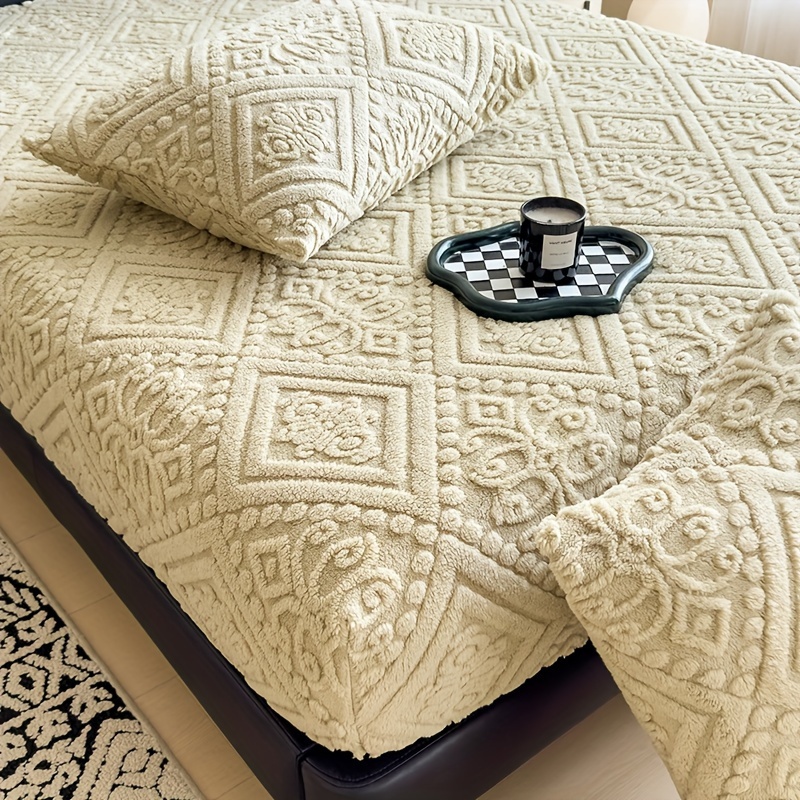 luxurious   fitted sheet thick warm autumn winter bedding with elegant carved   knit fabric machine washable solid color pillowcase not included details 11