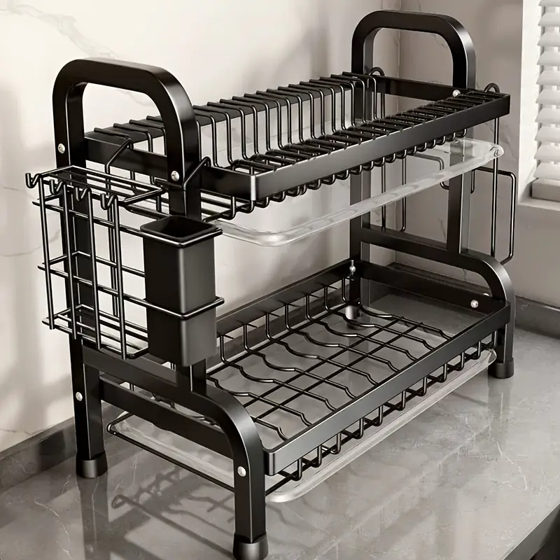 1 tier stainless steel kitchen dish rack with utensil organizer space saving countertop storage for plates bowls cutlery bonus dishes resistant design 2 tiers suitable modern kitch Product details 2