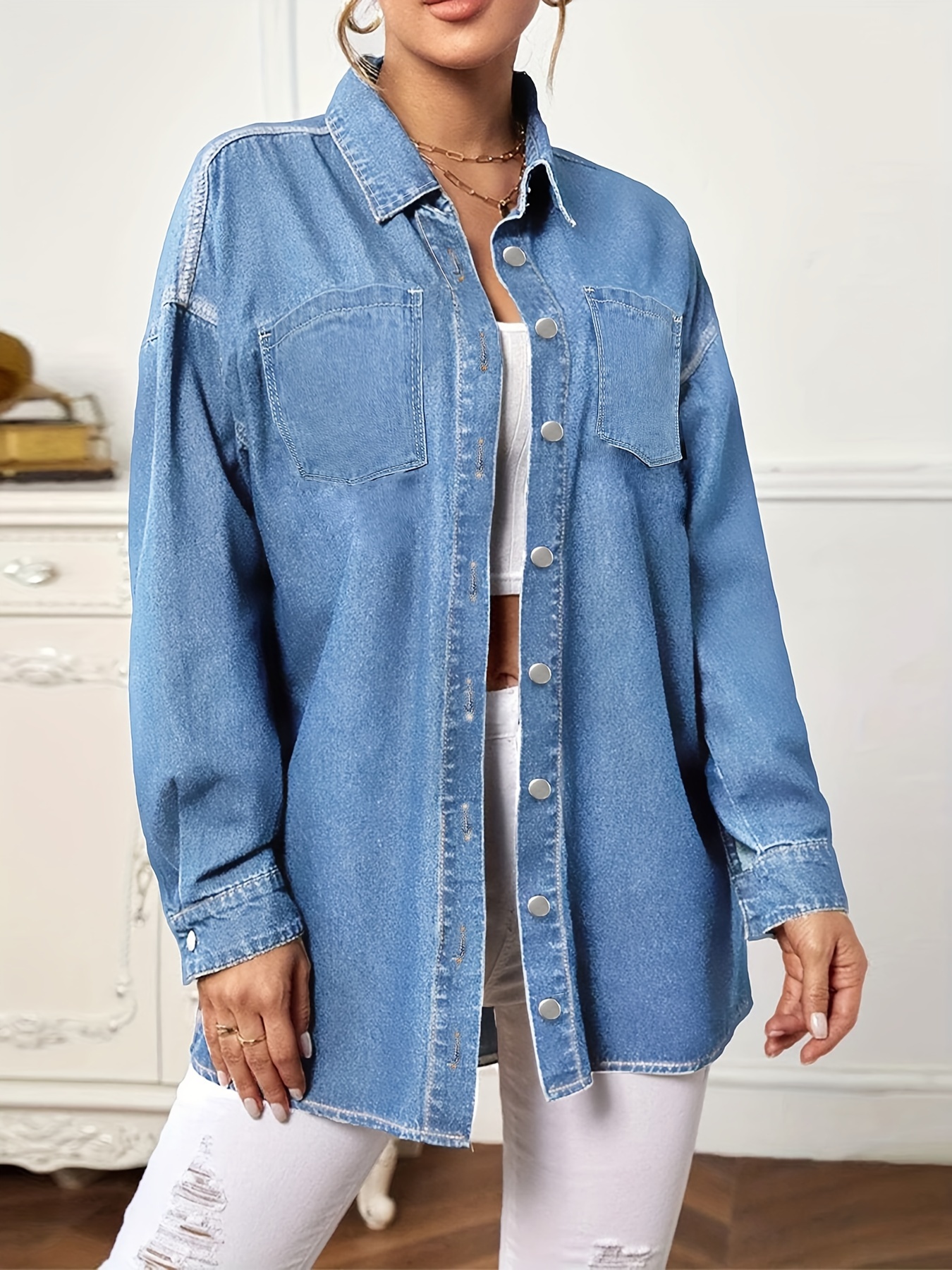 womens casual denim jacket plus size plain washed blue raw hem single breasted long sleeve patch pocket denim coat