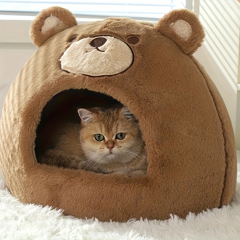 

1pc Bear-shaped Cat Bed, Polyester Plush Indoor Pet House With Thickened Sponge & 3d Pp Filling, Portable Cat Shelter