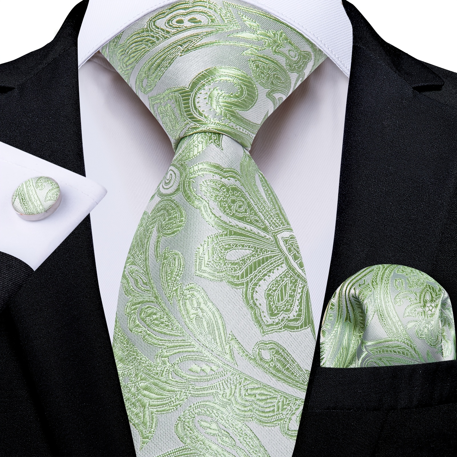 Image of Fresh Sage Green Paisley Men's 3pcs Tie Set, Featuring Pocket Square & Cufflinks, Refreshing And Stylish For Easter, Outdoor Weddings & Casual Gatherings