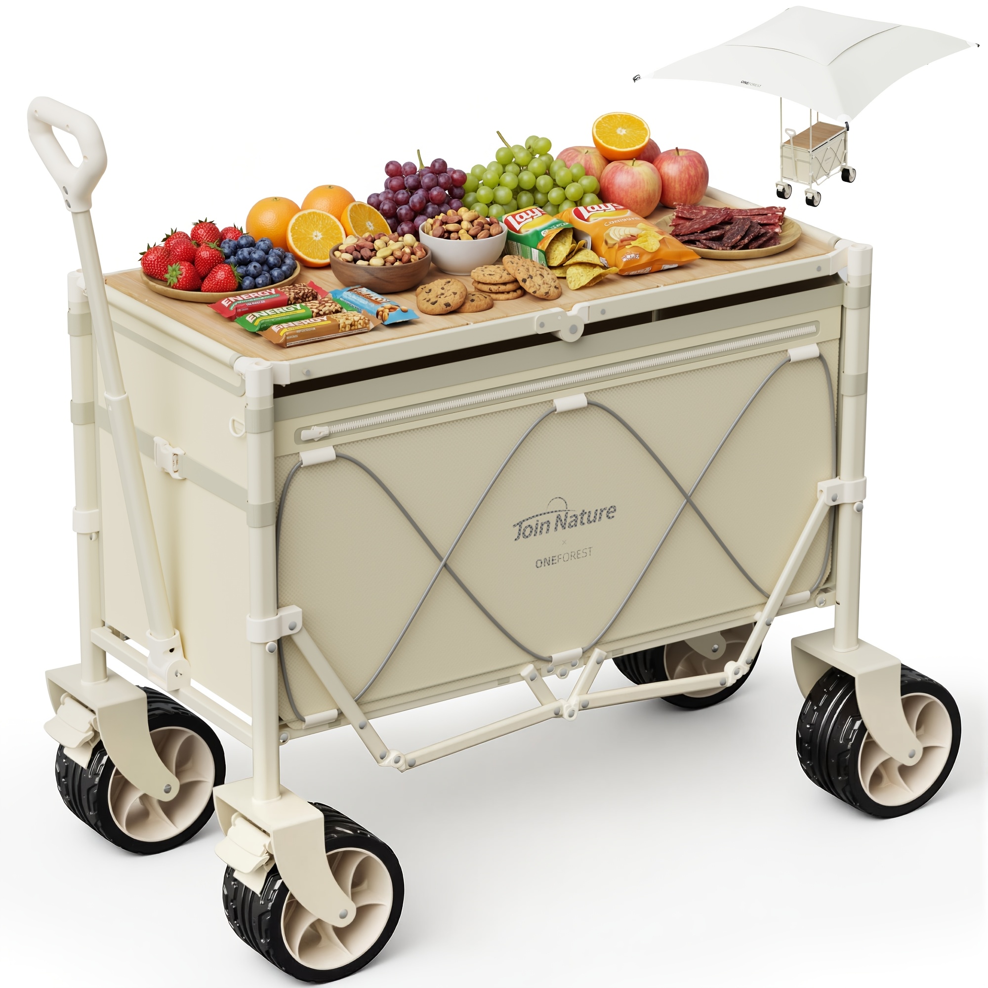 Image of 3-in-1 Handcart Foldable With Table Top & Sun Canopy - Foldable Handcart 160l, Load 150kg, Table Up To 30kg, Uv50+ Waterproof, Wheels For Sand, & Outdoor
