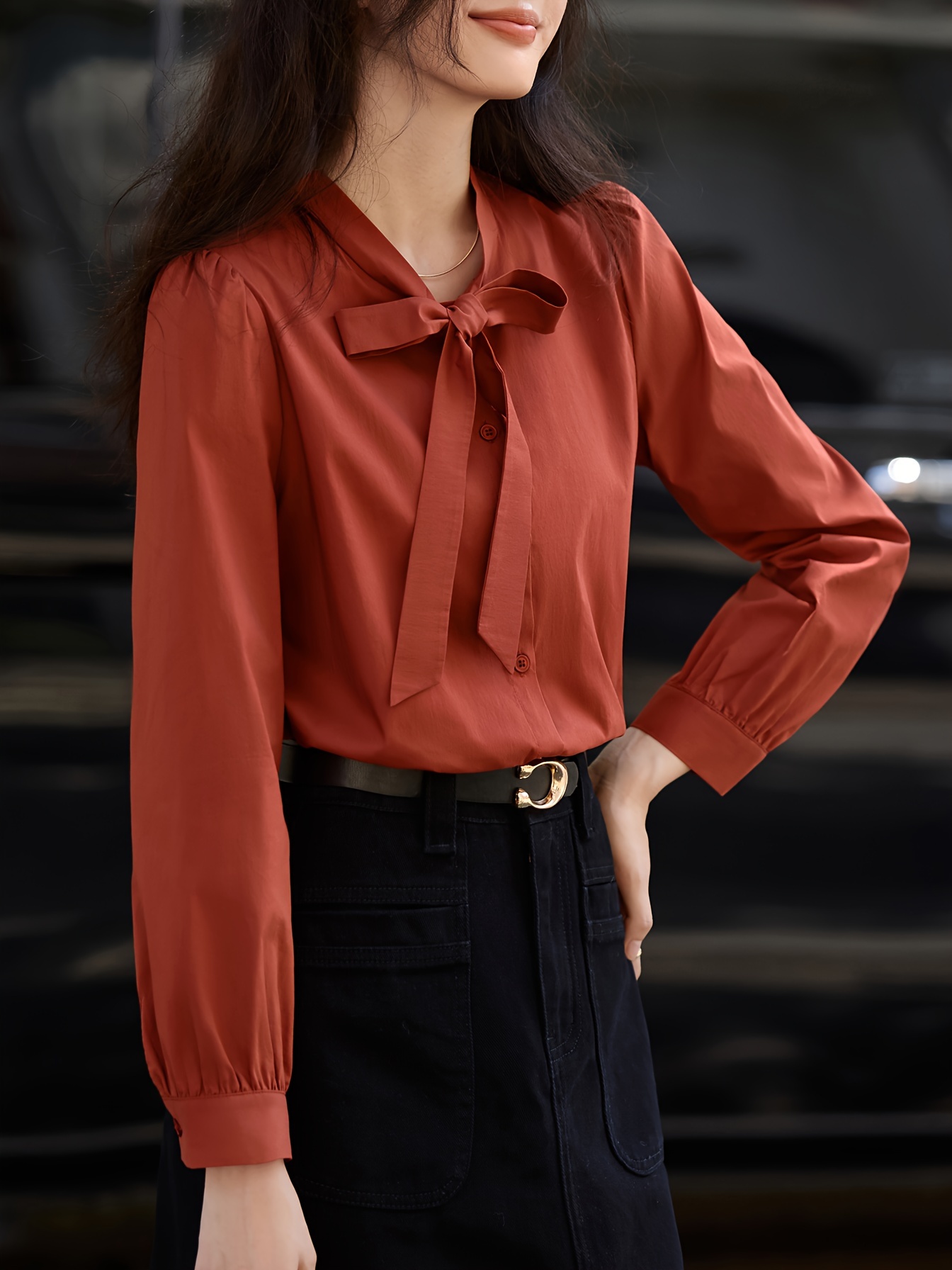 mo élégant chemisier en coton mélangé à col cravate Temu France