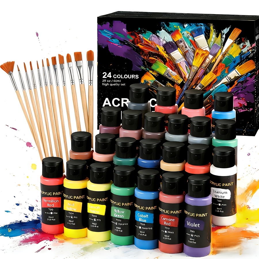 TEMU 24 Acrylic Paint Set With Assorted Brushes, Quick-drying & For Professional Art Use, Multi-surface Supplies For Handmade Decor & , All Skill