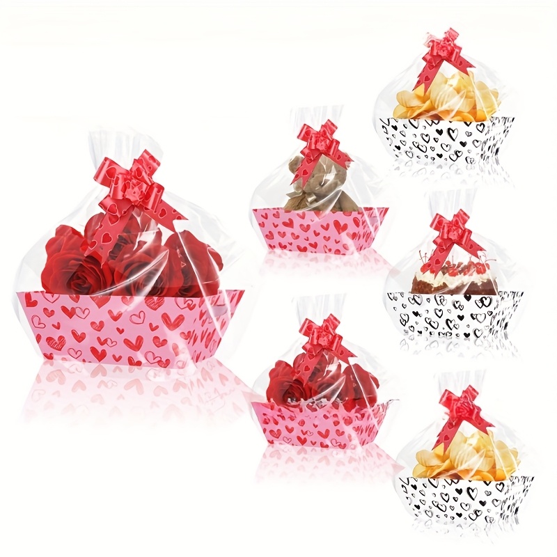 

12-pack Valentine's Day Gift Baskets With Heart Patterned Paper Boxes, , Includes Opp Bags And Ribbon Ties, Ideal For Party Favors And Holiday Packaging - No Electricity Needed