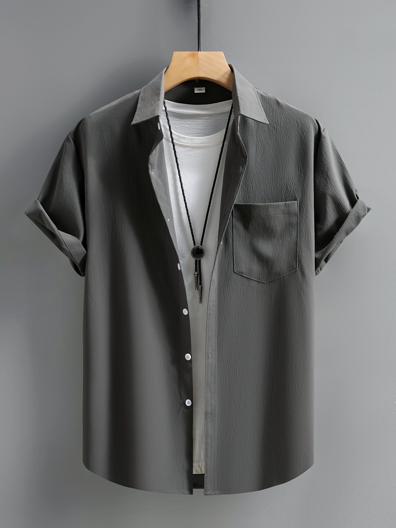 Men's Casual Short Sleeve Button-Up Shirt - Wrinkle-Resistant Polyester, Dark Gray with Collar & Chest Pocket, Lightweight Summer Wear for Everyday Use, Everyday Shirt | Modern Casual Style | Polyester Fabric, Short Sleeve Tops, PLUS SIZE