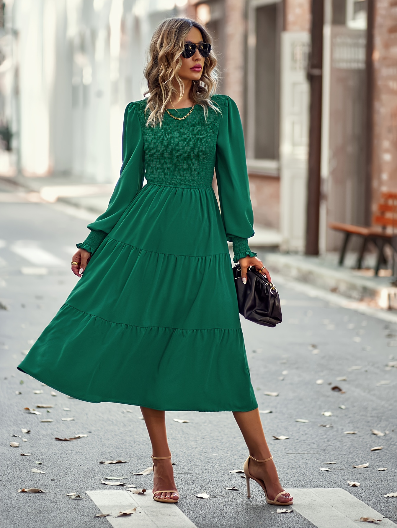 solid color shirred layered dress elegant long sleeve long - Temu