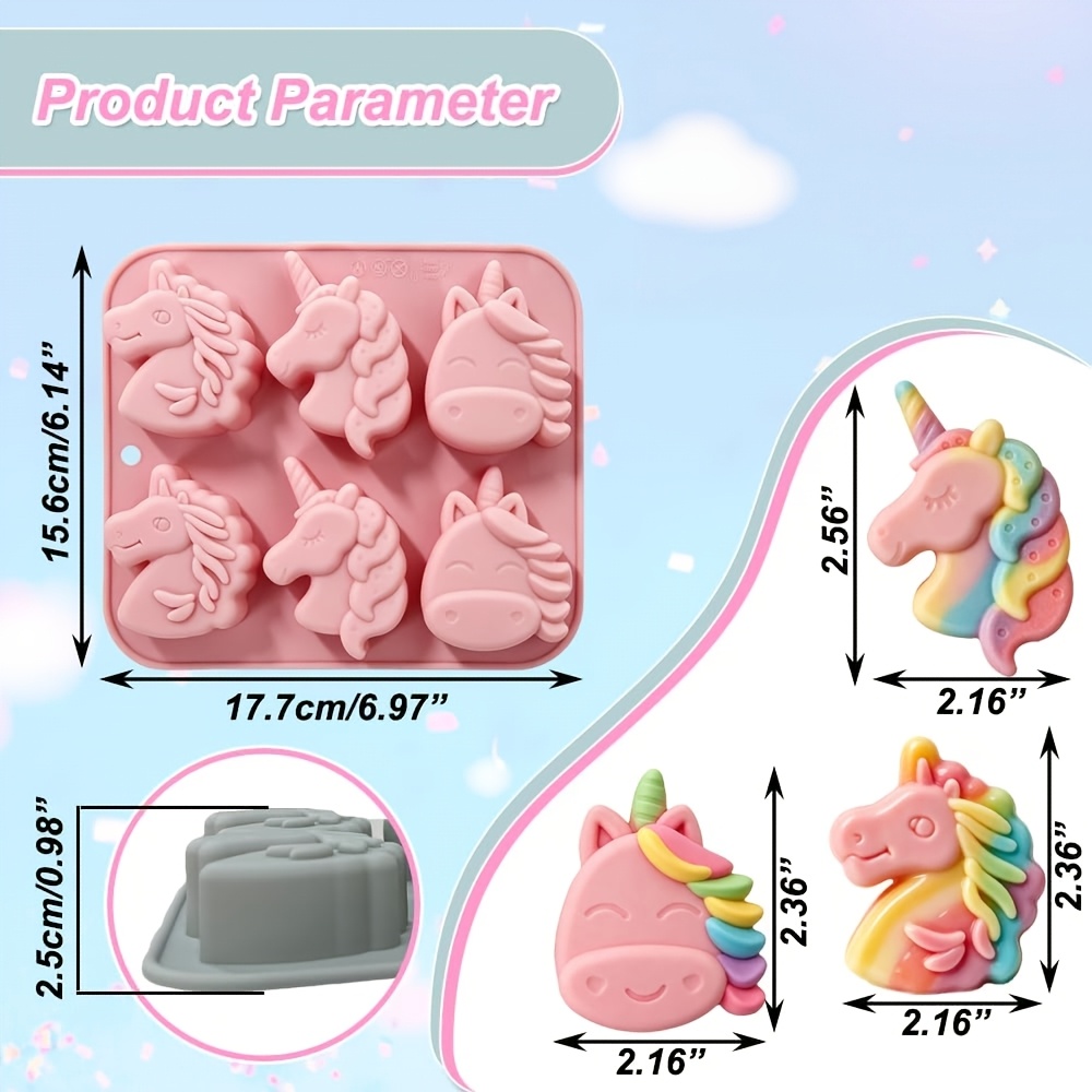 TEMU Moules à gâteau en silicone licorne à 6 cavités avec 3 de dessin , moules de cuisson DIY de qualité alimentaire pour chocolat, bonbons, mousse,