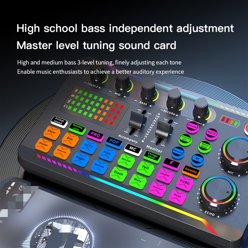 Audio-interface DJ Mixer Geluidskaart, Live Streaming Voice Changer Geluidskaart met 12 Opwarmgeluidseffecten, Professionele One Touch Mute USB Externe Geluidskaart, Podcast Productie Studio Apparatuu