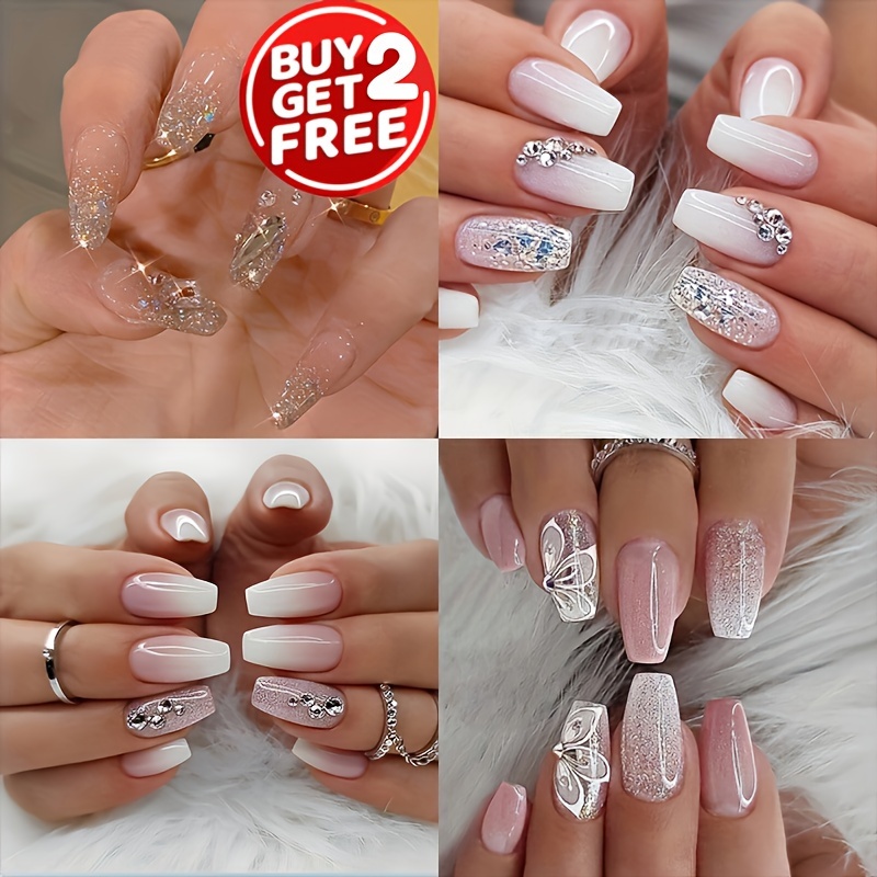 Pink & White Nails Design With Rhinestones Press on Nails Pink and White  Press on Nails Heart Design 