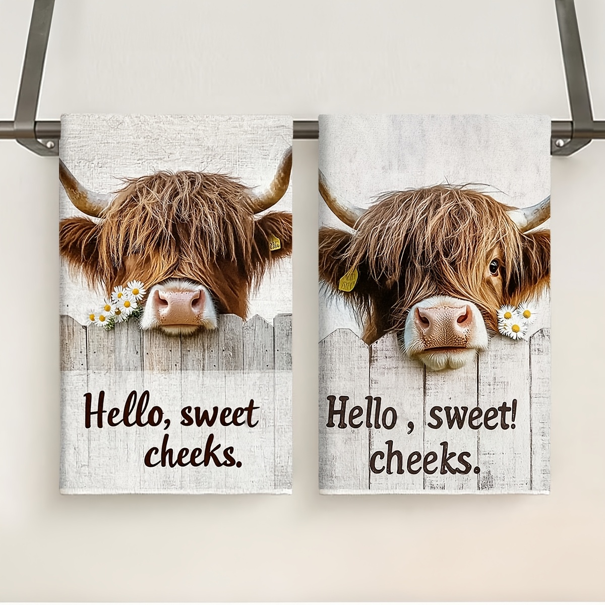 

2pcs Farmhouse Style Highland Cow Kitchen Towels, Polyester Knit Fabric Dish Cloths & Hand Towels, Animal Pattern, Machine Washable, With Decorative Farm Animal Themed Towels For Cooking & Cleaning