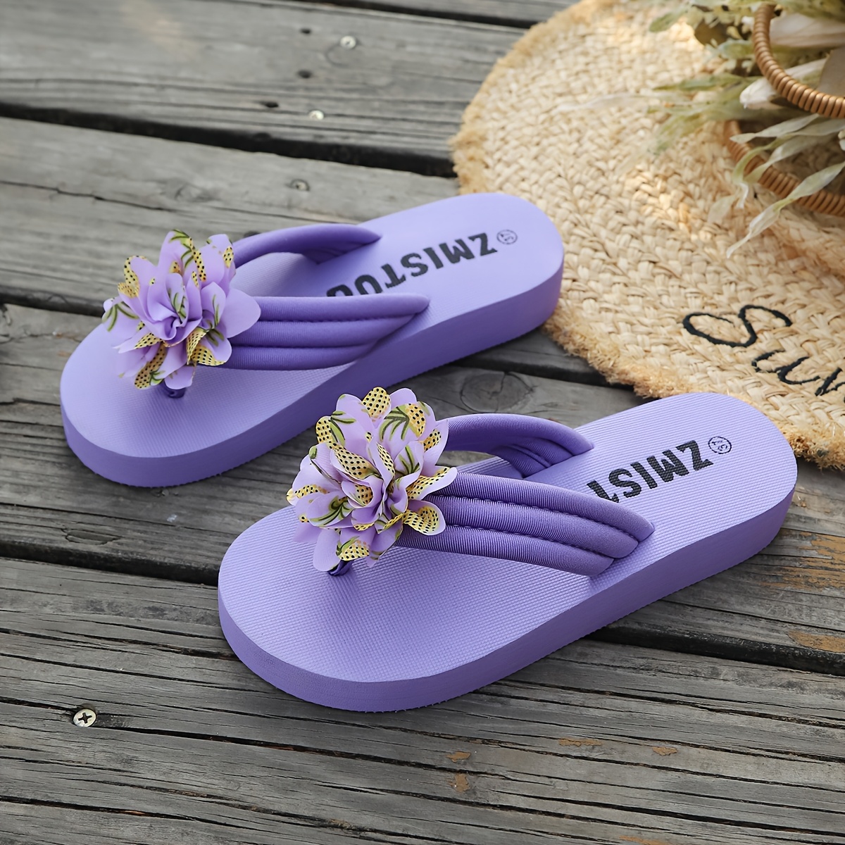 TEMU Summer 3d Floral Decor Flip-flops, Women's Fashion Beach Slippers, Women Shoes