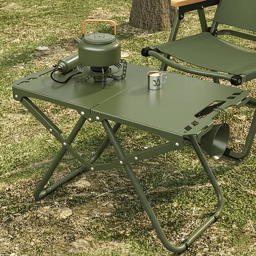 Portable Folding Camping Table, 2 Colors Matte Black & Army Green Lightweight Iron Collapsible Camp Desk with Hanging Slots, Expandable Outdoor Side Table for Camping Cooking, Picnic, Backyard & Tailgating