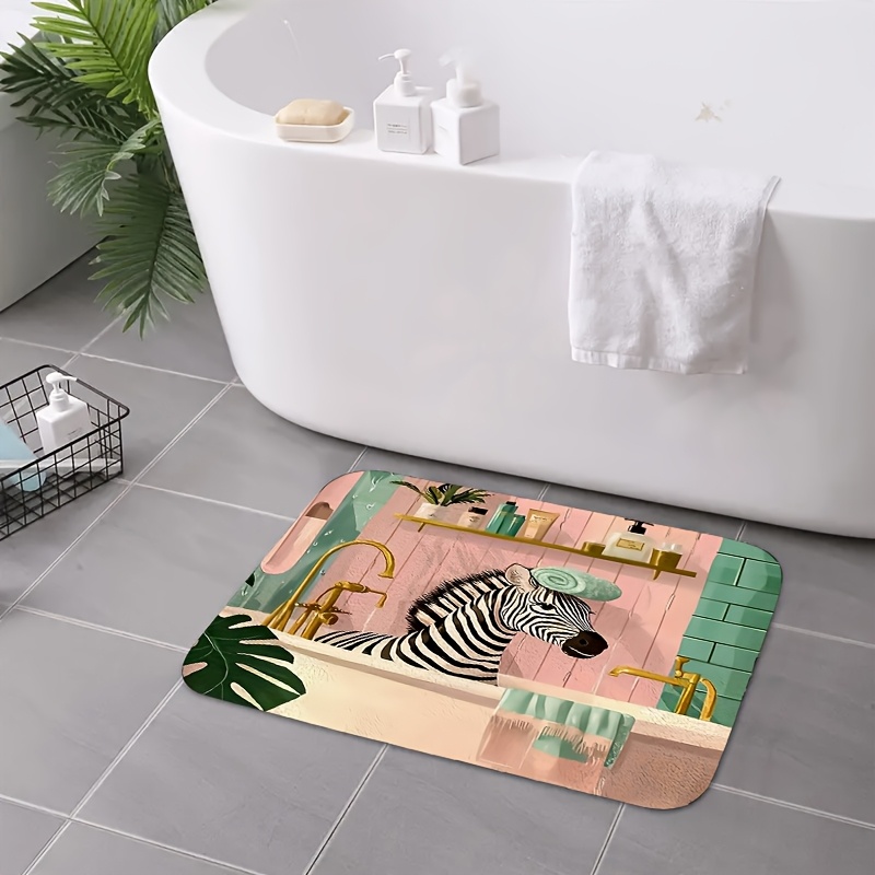 A Humorous Design Mat Featuring A Zebra Taking A Bath, With Creative Animal Designs, Made Of High-quality Flannel, Suitable For Bathroom Decor, Living Room, Bedroom Entrance, And As A Welcome Mat