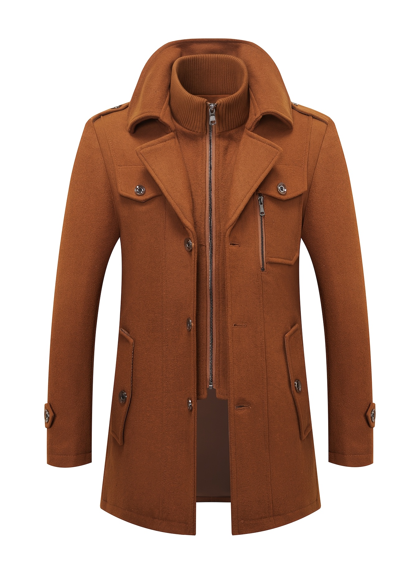 Men's Navy Blue Detachable Double-Breasted Trench Coat - Casual Wool Blend Overcoat with Zippered Pockets for Fall and Winter