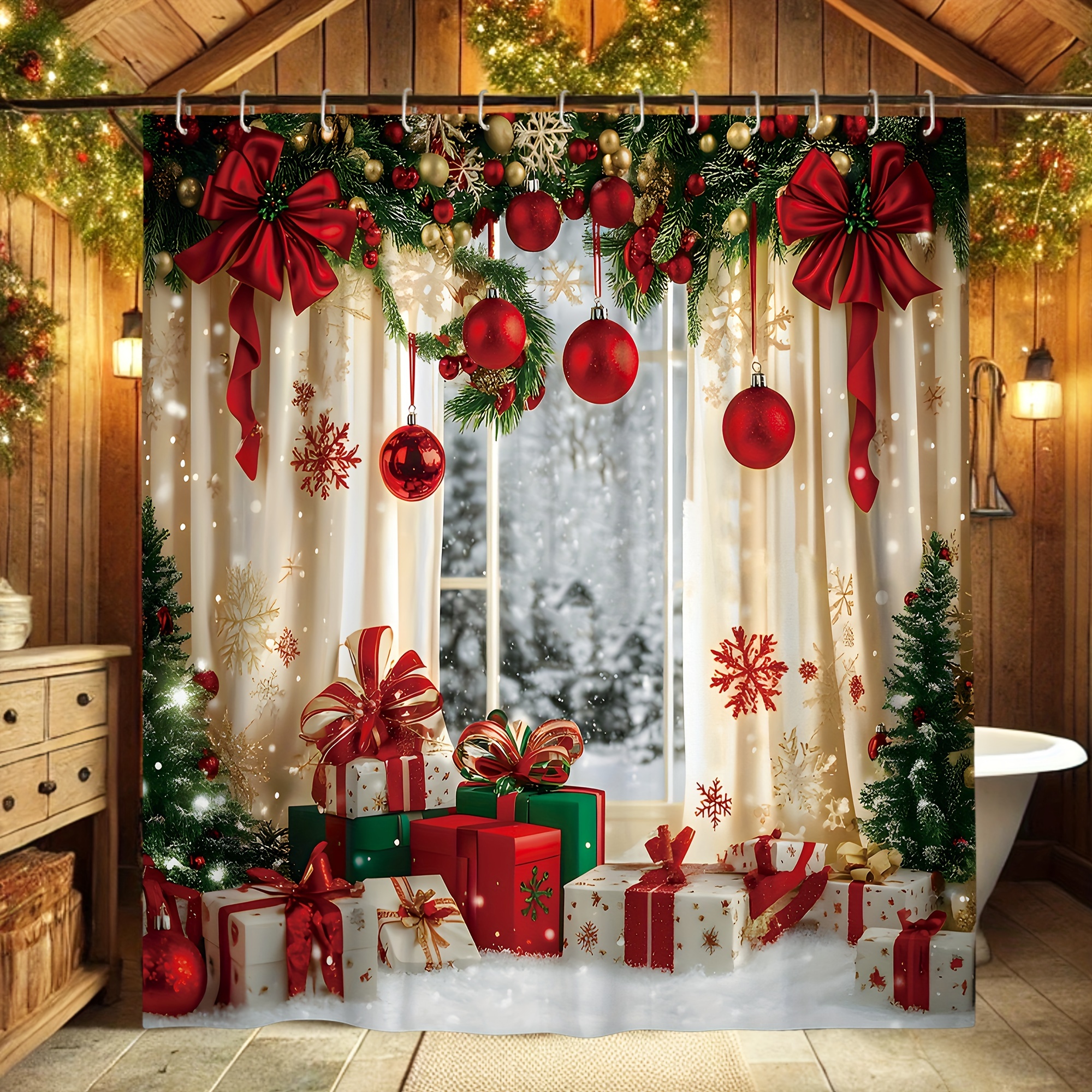 

Christmas Shower Curtain - Red & , & , Includes 12 , Bathroom Decor