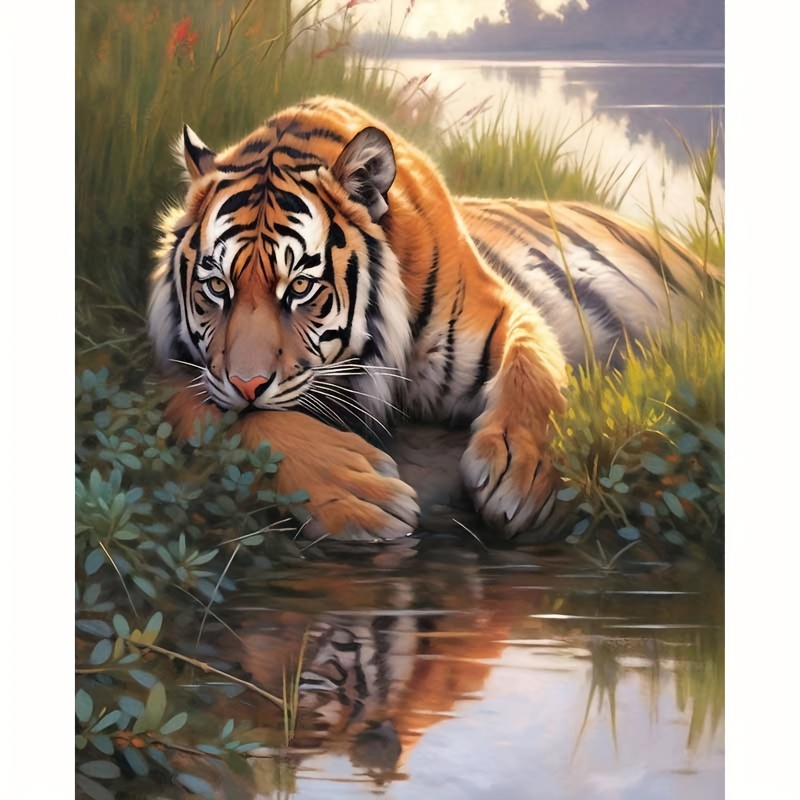 

1pc Diamond Painting A Tiger By The Stream 5d Diamond Embroidery Rhinestones Cross Stitch Wall Art Decor 30x40cm/12x16inch Without Frame