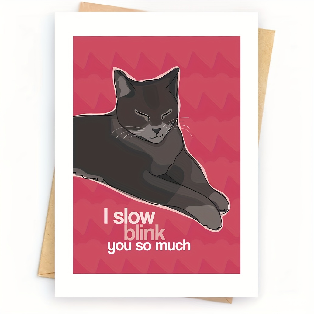 TEMU Valentine's Day Card " At You " - Cute Black Cat Illustration, Pink Background With White Text - Humorous Greeting Card Suitable For Cat Lovers,