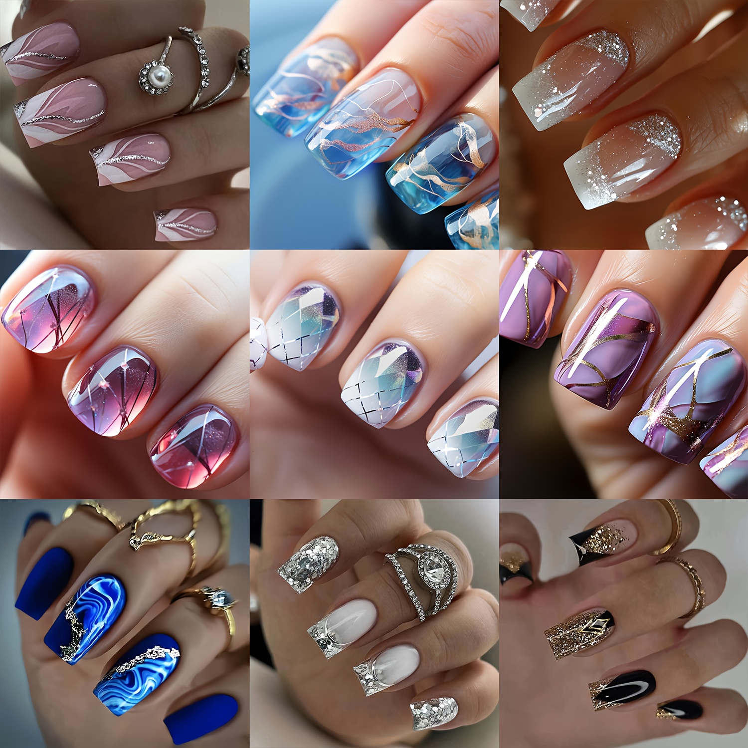 216pcs square mixed color striped ombre press on nail set featuring   blue red and pink with gradient and striped patterns 12 sizes with storage box 9 fashion style sets including jelly   and nail file suitable for womens daily
