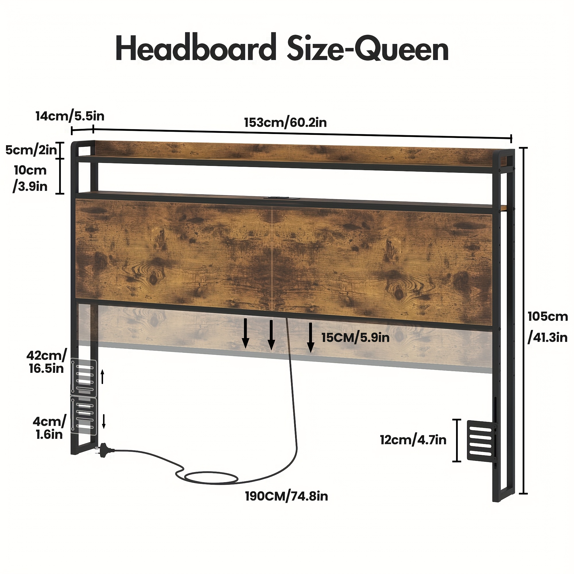 TEMU Headboard Double/queen Size With 2-tier Storage, Industrial Headboards With Outlets, Usb Ports And Led Light, Adjustable Height Back Support