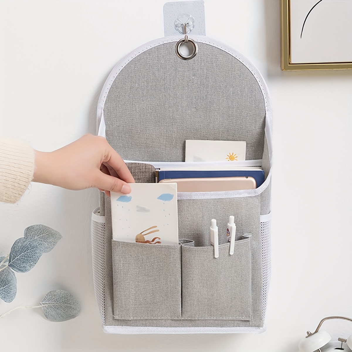 

1pc Grey Wall Hanging Storage Bag, Organizer With Multiple Pockets For Dorm Home Use, Wall-mounted Magazine Book Holder
