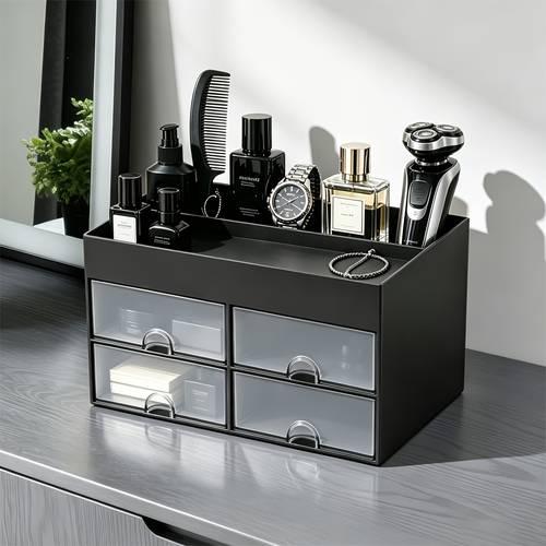 photo de l'article organisateur multifonctionnel avec tiroirs et plusieurs étagères réglables pour parfums, produits de soin, articles de toilette, placard en plastique durable, étagère de rangement de salle de bain moderne