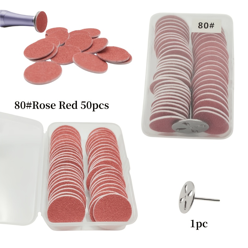 TEMU 80# Rosenrote Selbstklebende Nagelschleifscheiben Set, inklusive Metall-Dorn und Aufbewahrungsbox mit Fächern, 50 Stück grobe Schleifscheiben,