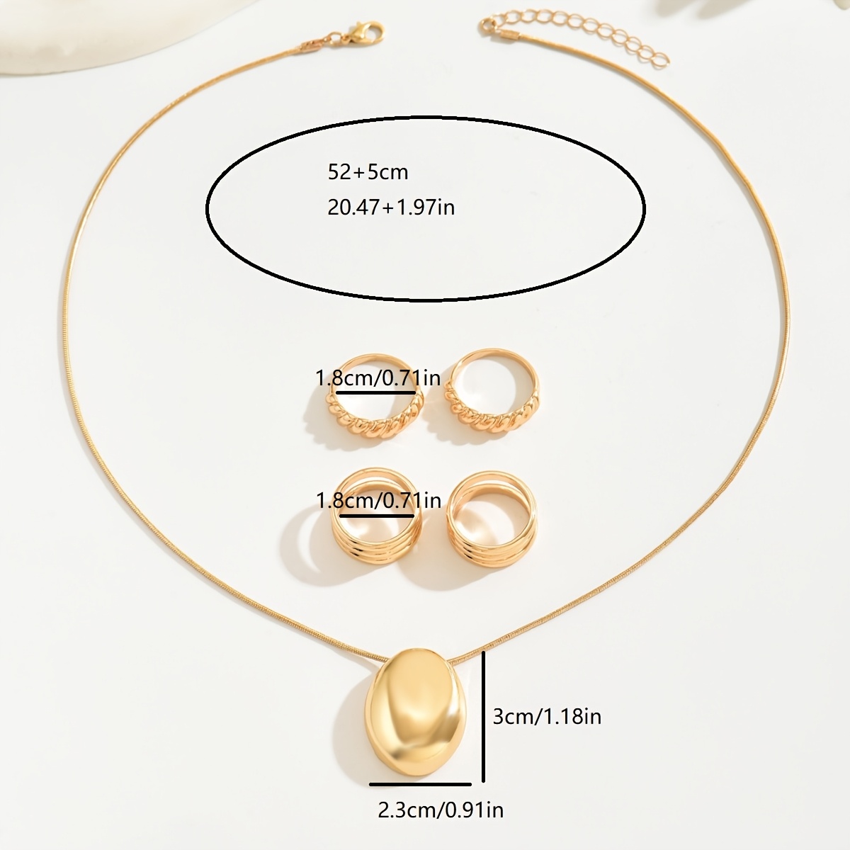3pcs Minimalist Golden Necklace Ring Set Snake Bone Chain Geometric Oval Pendant