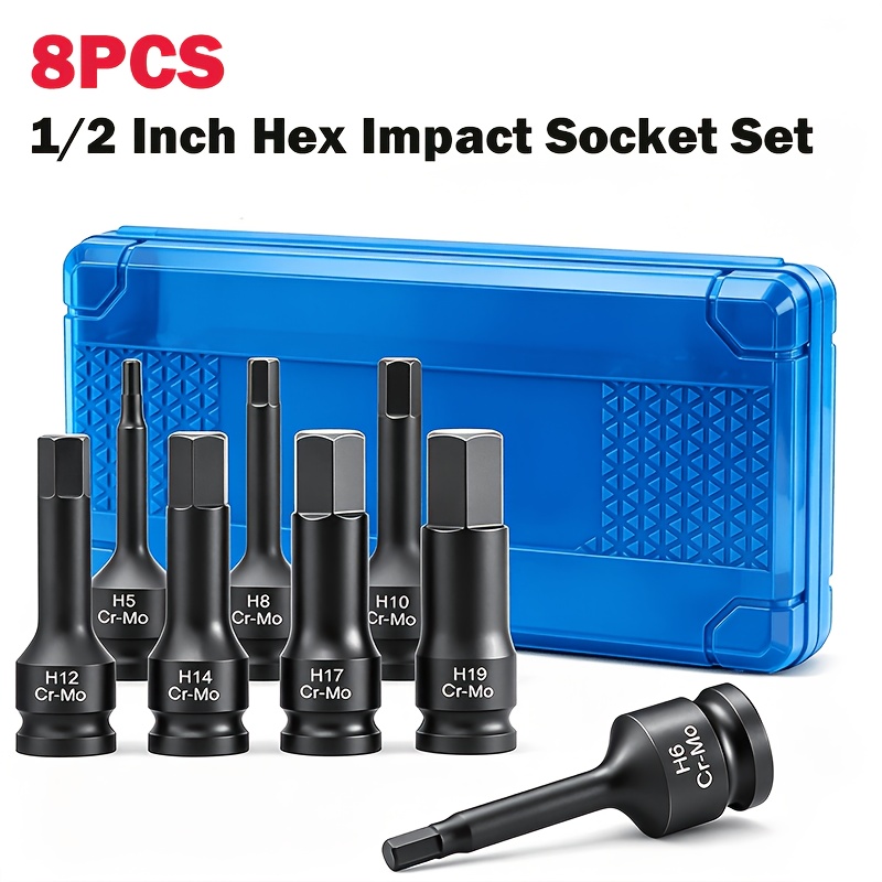 TEMU 8pcs 1/2 Inch Hex Impact Socket Set H5-h19 Cr-mo Tool Box H Type Impact Driver Allen Key Set Wrench Set