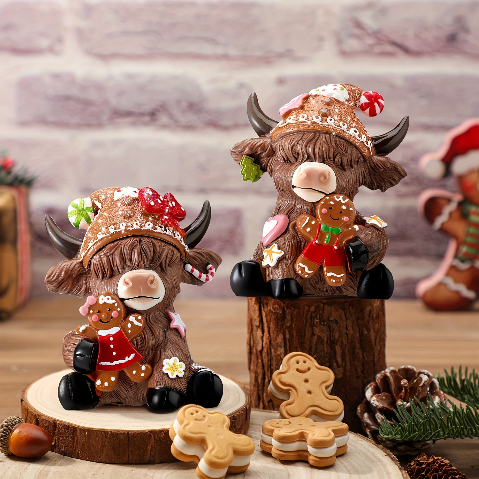 TEMU 2pcs Highland Cow Figurines Christmas Gingerbread For Man Highland Cow Gnomes Scottish Resin Statue Calf Lovers Gifts For Xmas Home Garden