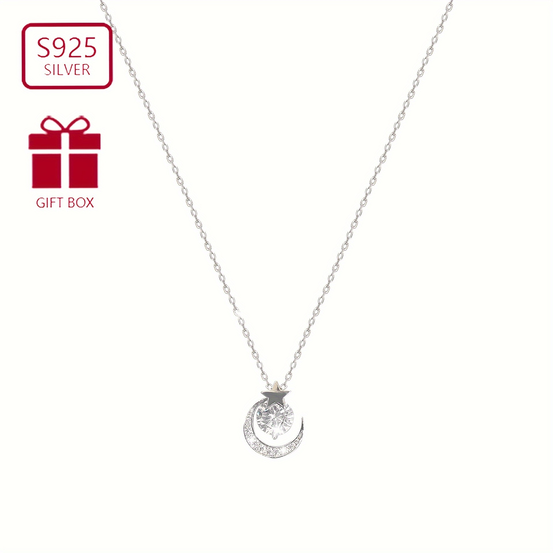 

A Silvery Necklace With A Zirconia-encrusted Moon Pendant, Suitable For Girls' , Hypoallergenic (approximately 2.49g)