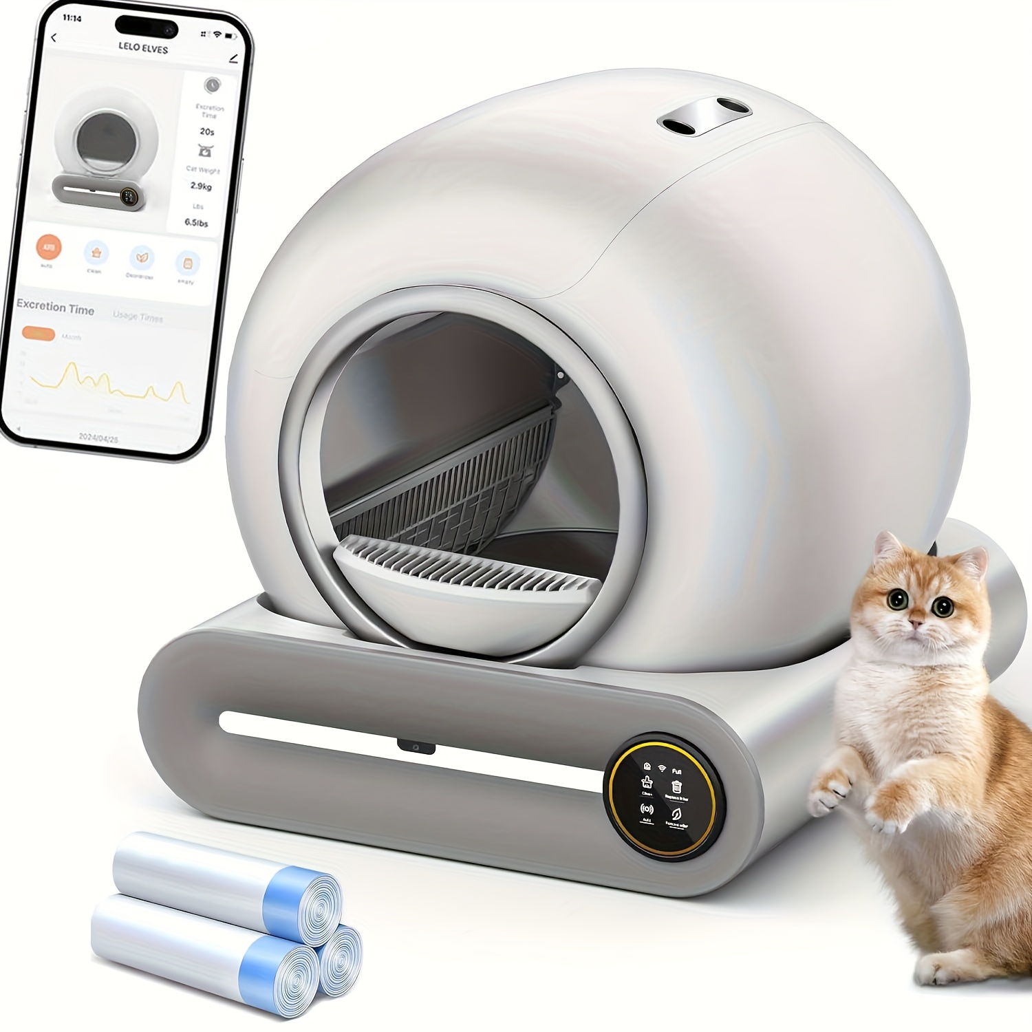 self cleaning litter box   robot automatic litter box for multiple cats 65l 9  large features negative ion sterilization and deodorization app control   3 rolls grabage bags without battery