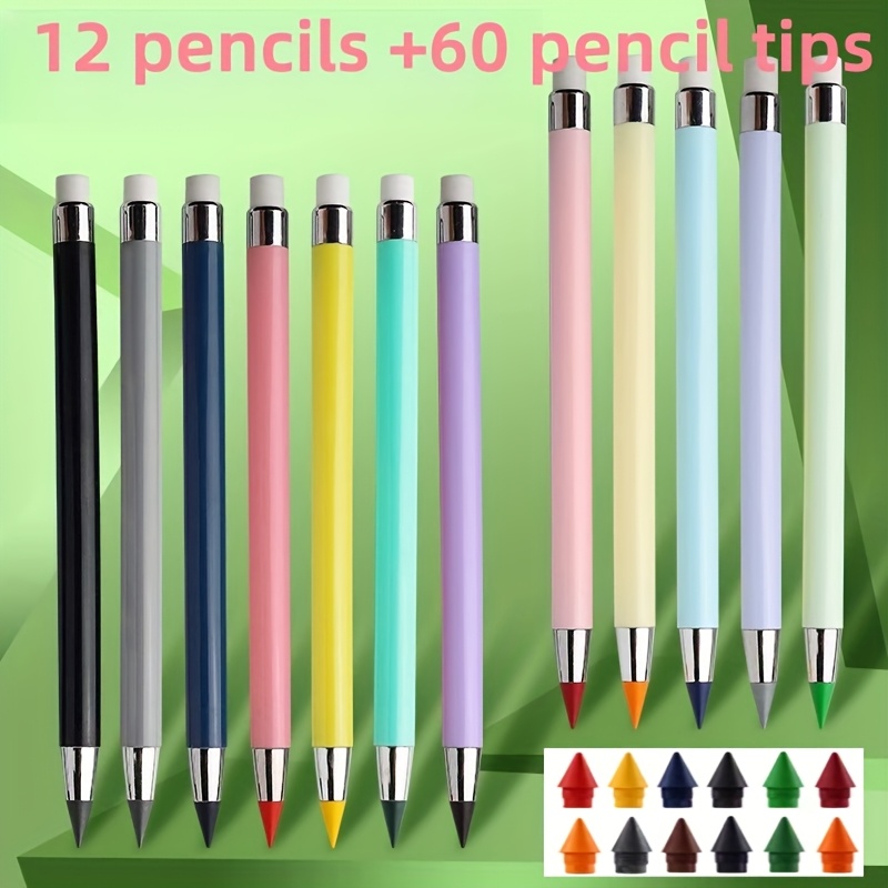 TEMU 12 Pencils + 60 Colored Pencil Leads, Model Of Eternal Pencils, Exchange Colored Pencils, Hb Pencils, Painting And Writing Are Very Suitable
