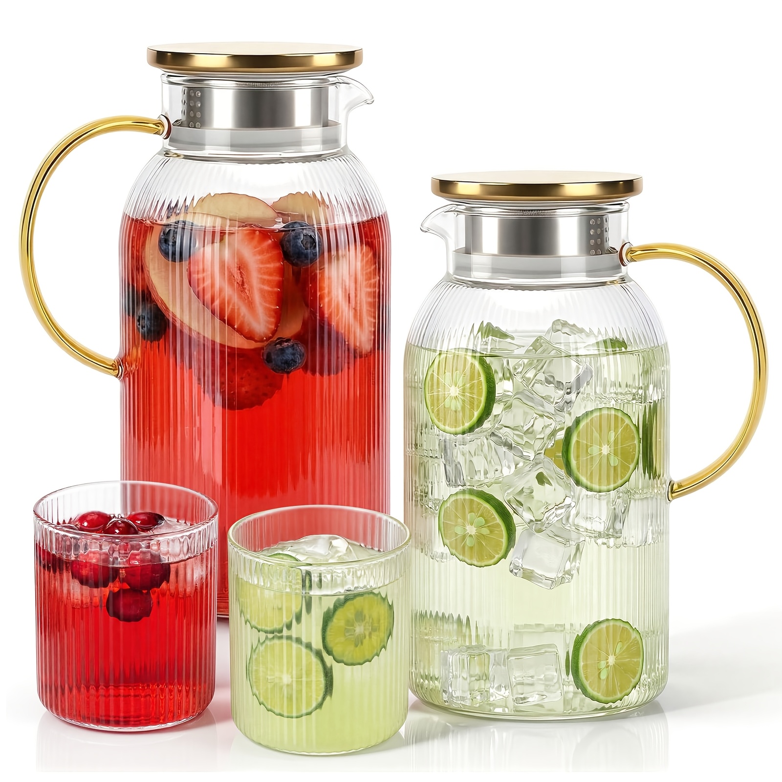 TEMU Lot de 2 carafes en verre de 2L avec couvercle, cruche à eau en verre borosilicate, double couvercle en acier inoxydable 304 (Verse/Filtre),