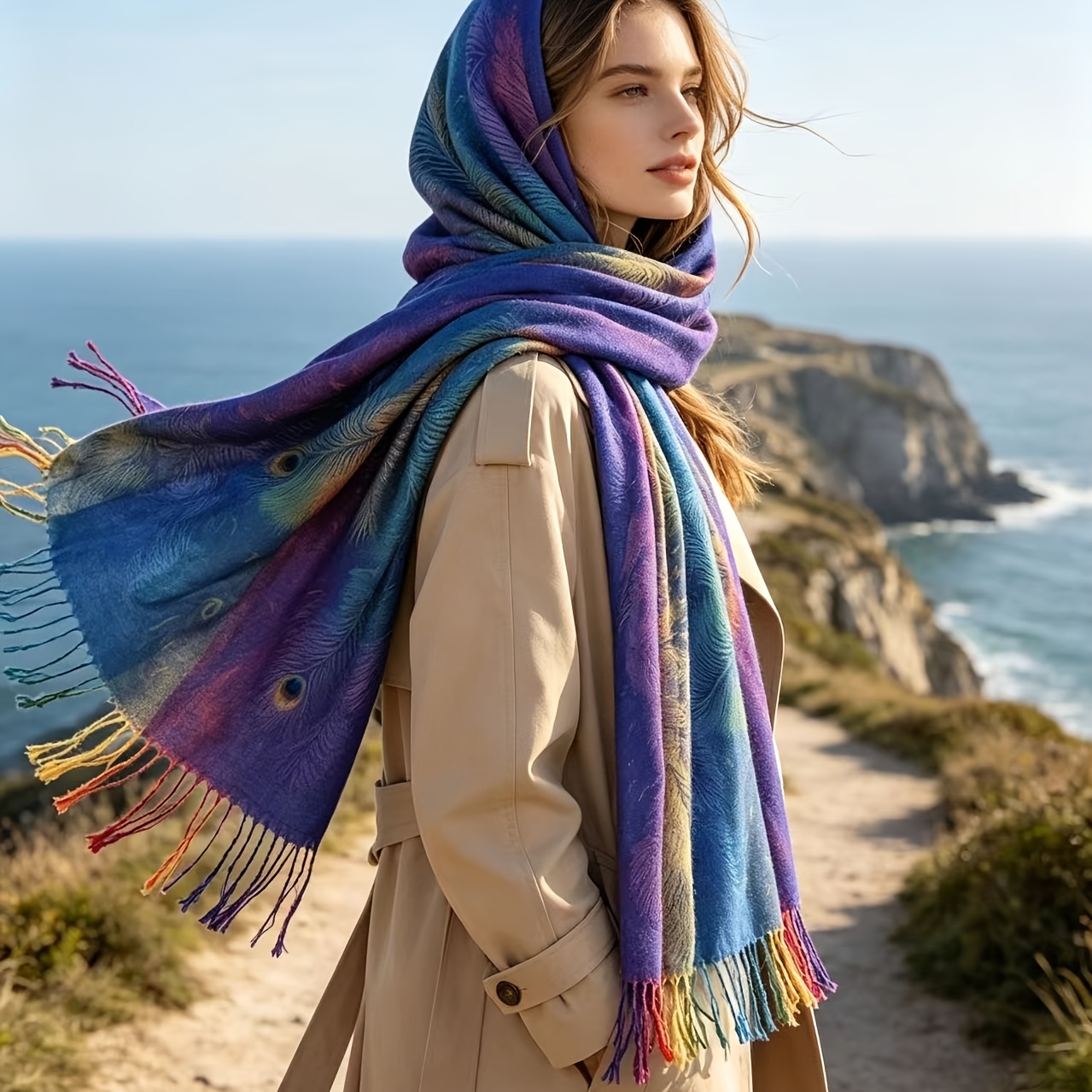 Bohemian Colorful Peacock Scarf, Women's Autumn Winter Jacquard Shawl