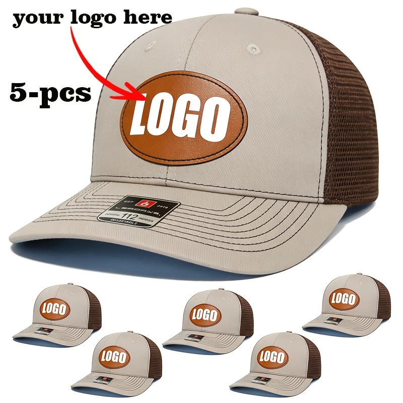 TEMU 5pcs Set Of Tan Oval-logo Mesh Baseball Caps, Customizable With Logos/patterns/text/photos. Men's Outdoor Trucker Hats With Snap-back Adjustable