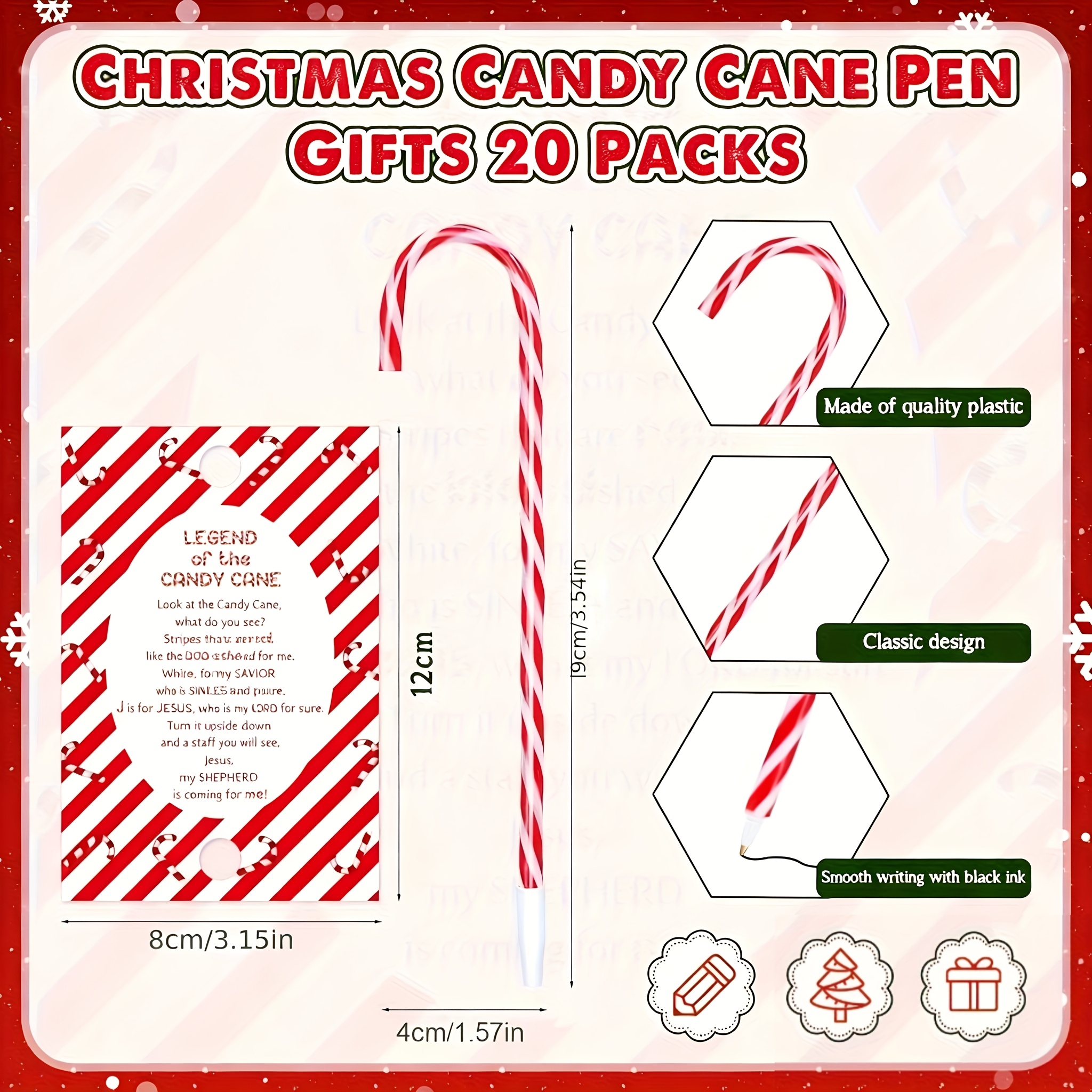 TEMU 20 Christmas-themed Candy Cane Pens As Favors, Featuring Christian Messages And Cards Explaining The Candy Cane. Ballpoint Pens With Black Ink