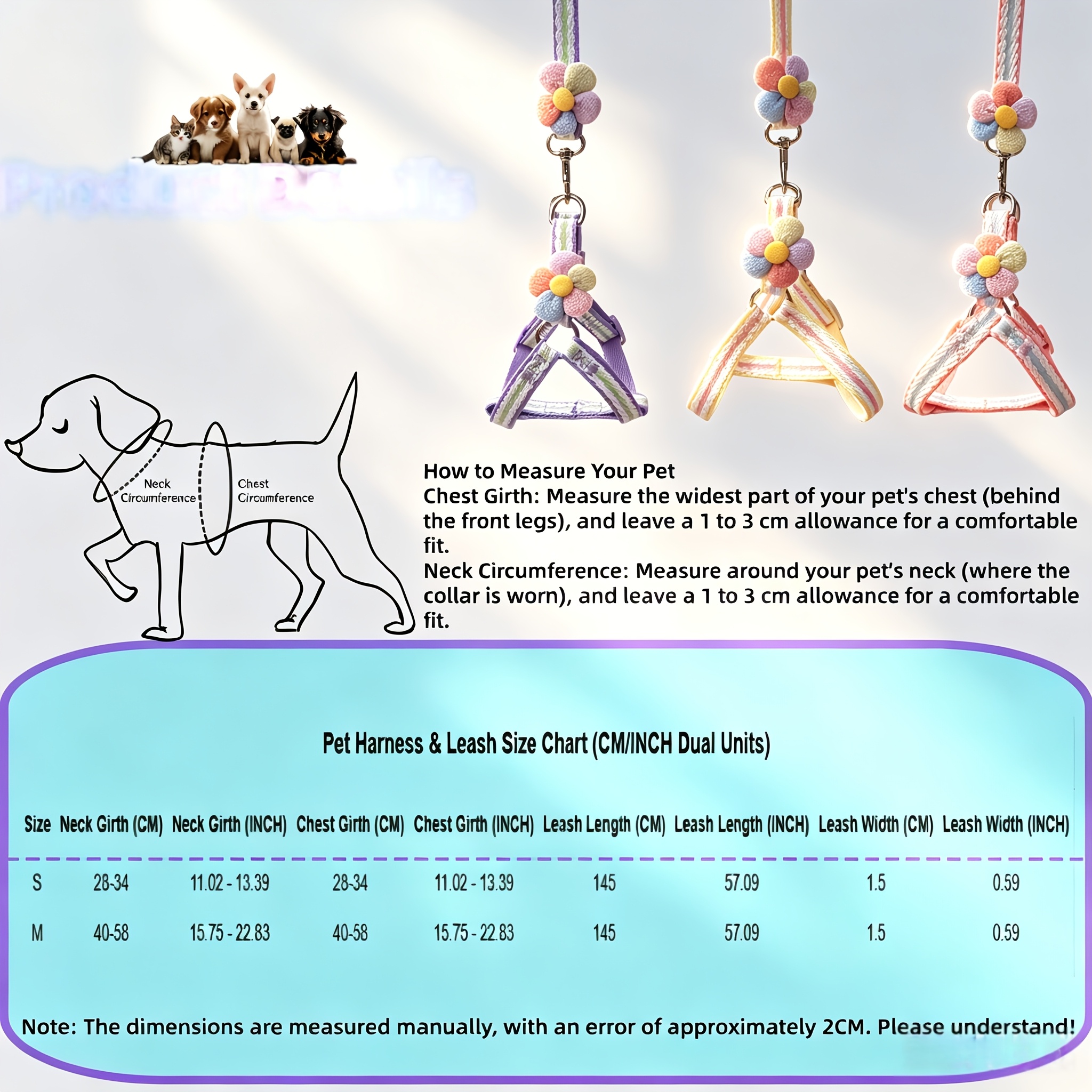 2pcs Striped Pet Harness and Leash Set with 3D Flower Decor