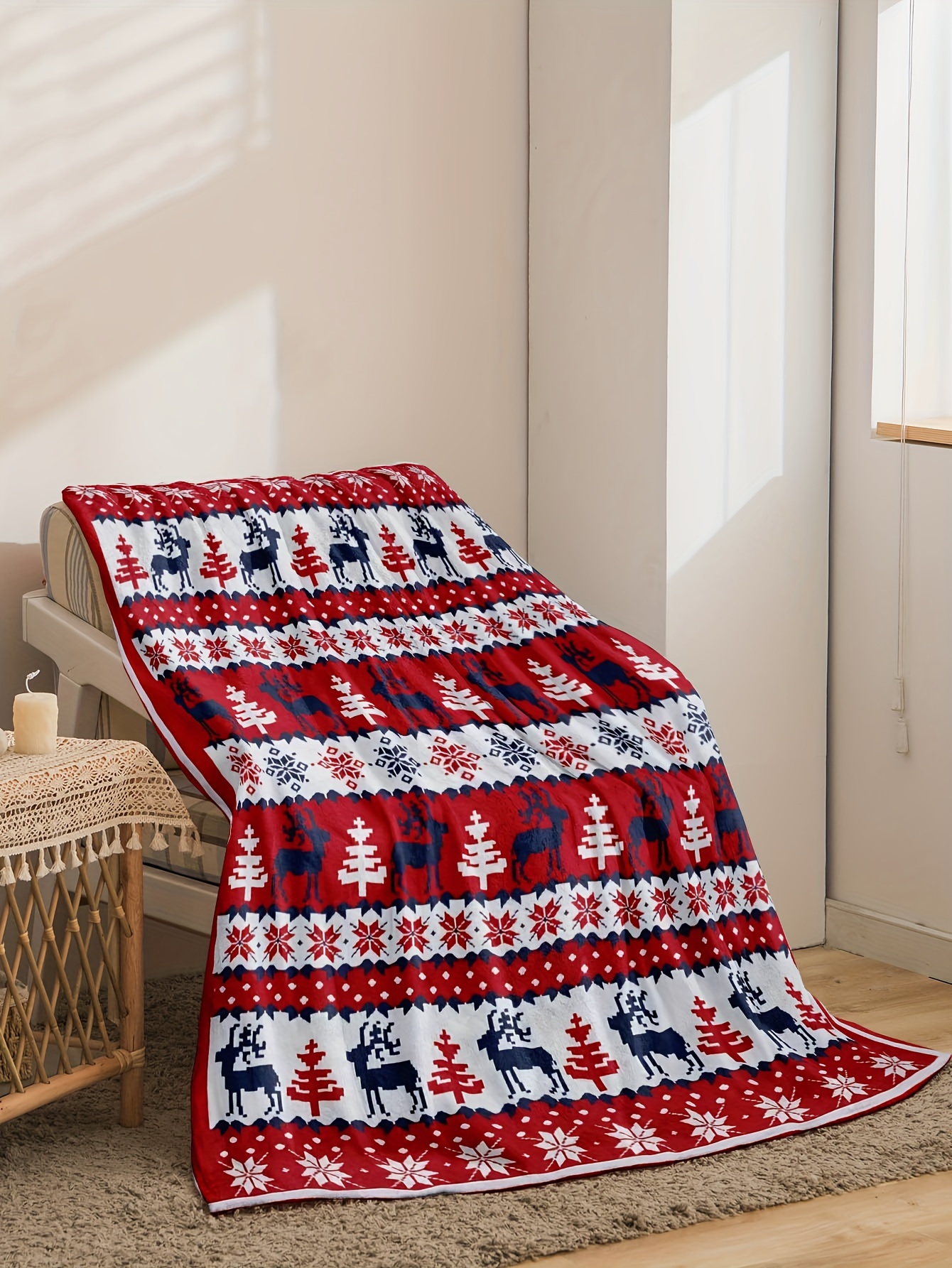 1pc contemporary   printed flannel fleece throw blanket red reindeer wildlife design   reversible machine washable multi purpose for sofa and bed 250 300g polyester cover with polyester lining details 0